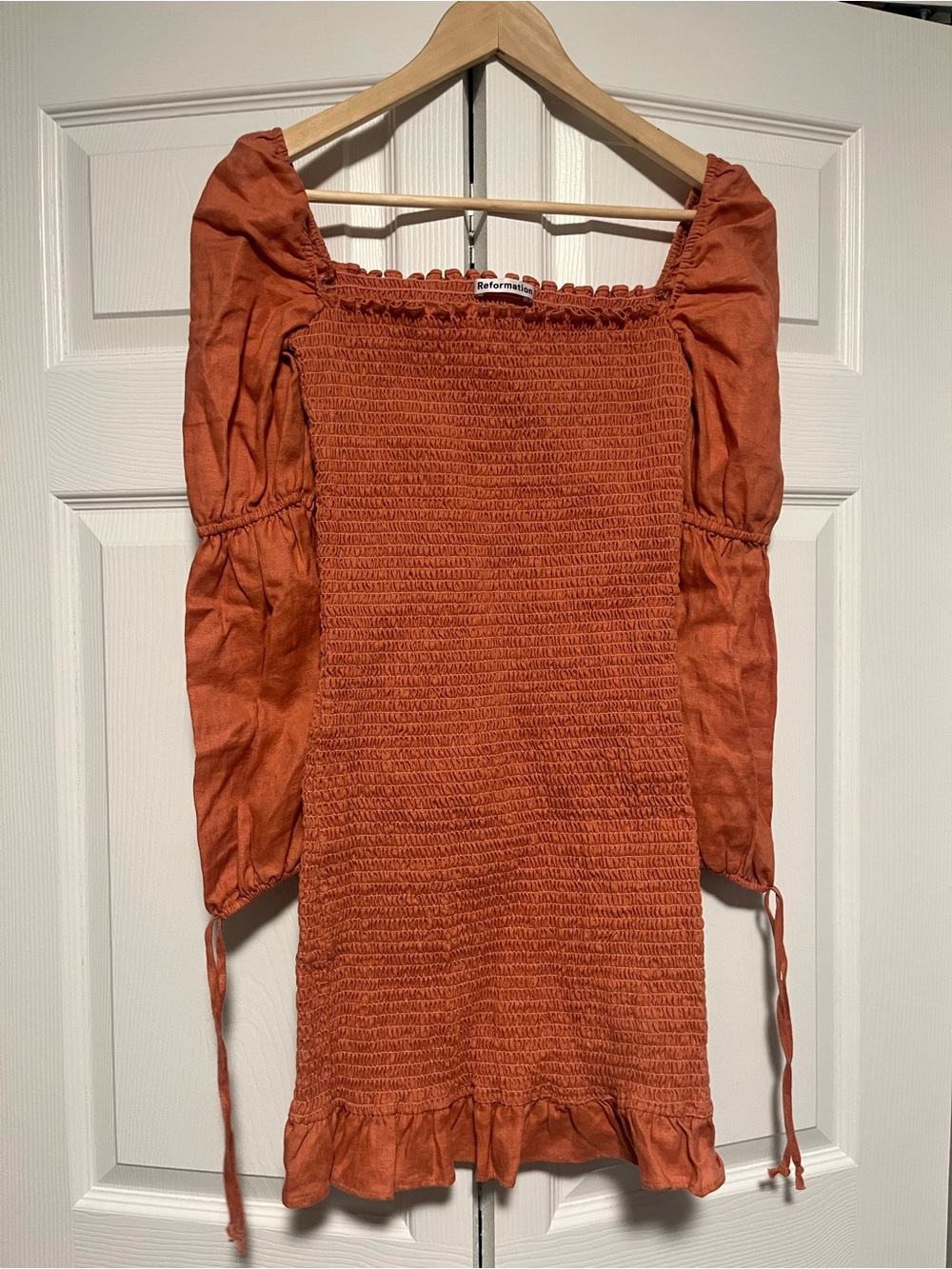 Reformation Rust Smocked Long-Sleeve Mini Dress